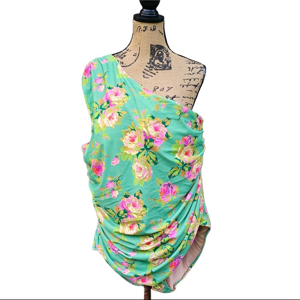 Plus J.Crew One Shoulder Swimsuit Size 22 Green Floral Pink Yellow Rose Stretch